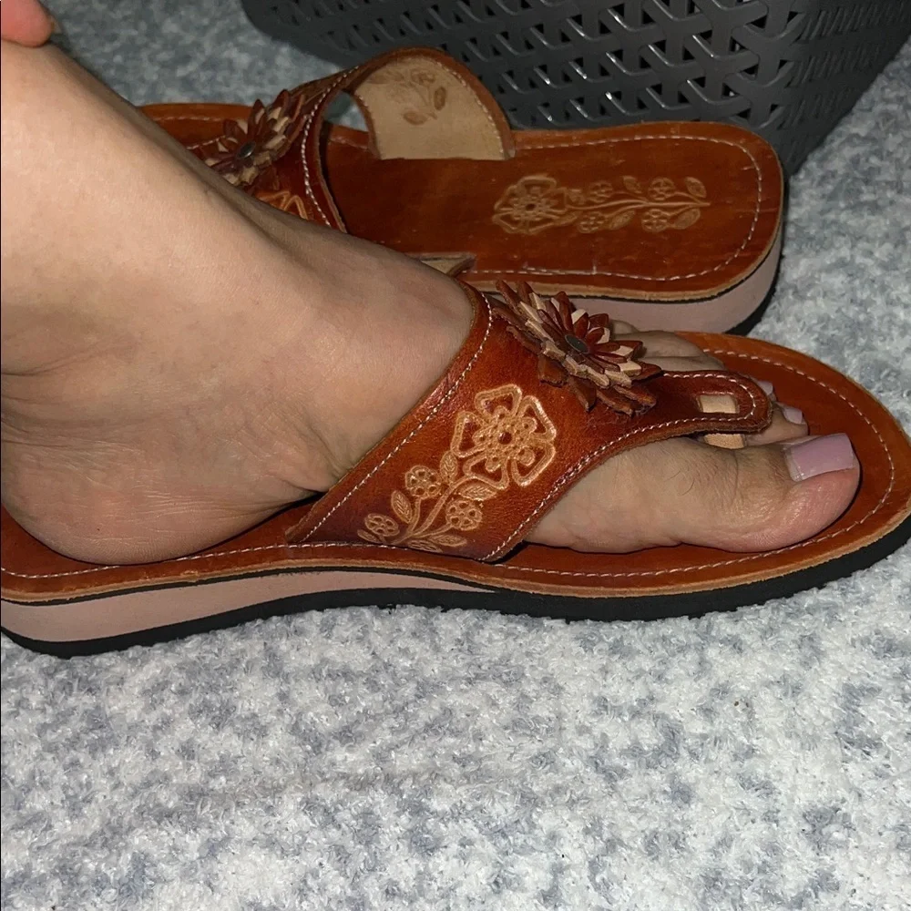 MEXICANA Brown Floral Original Leather Sandals Size 8 - Picture 4 of 7